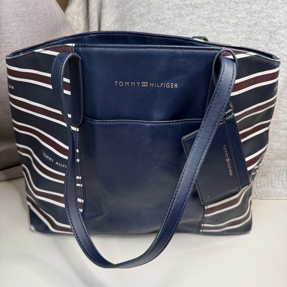 Tommy Hilfiger Handbags - Tommy Hilfiger Navy Blue Red White Striped 13" Tote Bag Card Holder Pockets
